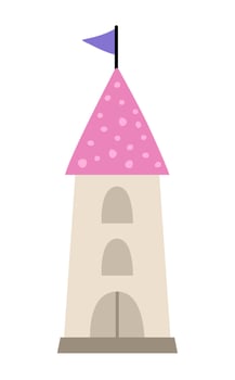 cartoon tower. Fantasy world castle part icon with pink roof and flag. Fairy tale princess house illustration isolated on white background vector