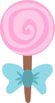 pink lollypop on stick decorated with blue bow. Fairytale themed birthday dessert. Cute magic candy bar design element. Sweet caramel icon vector