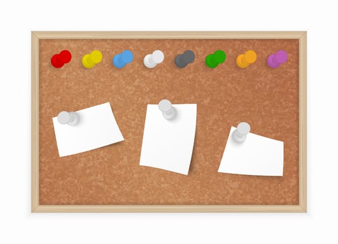 Cork Board with different pushpins and pinned notes, Bulletin Board in wooden frame. vector