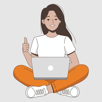 Happy woman giving thumbs up while working on laptop vector