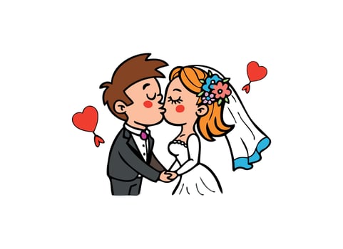 Cartoon Wedding Couple Kiss with Hearts vector