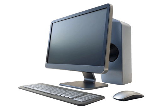 High tech desktop computer system with widescreen display, wireless keyboard, and mouse on a clean, transparent background. png