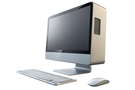Minimalist desktop computer setup featuring a sleek monitor, ergonomic keyboard, and modern design mouse for efficient office work. png
