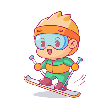 Cute chibi boy skiing in winter wonderland animated graphics playful environment cheerful viewpoint png