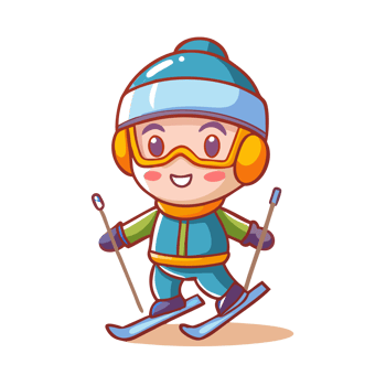Cute chibi boy skiing in winter wonderland character illustration fun environment playful viewpoint png