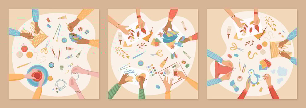 Cartoon handicraft DIY hobby workshop banner, top view colorful hands make pottery art class concept, children handmade painting activity background, creative craftwork group illustration, vector