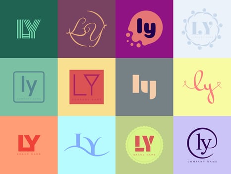 LY logo company template. Letter l and y logotype. Set different classic serif lettering and modern bold text with design elements. Initial font typography. vector