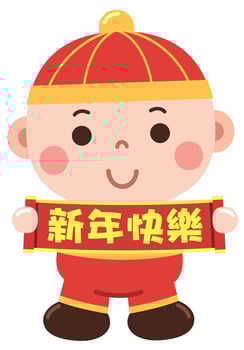 Little Chinese Baby with New Year Scroll. Chinese wording meanings Happy New Year vector