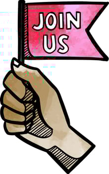 Hand holding small flag with text join us watercolor illustration vector