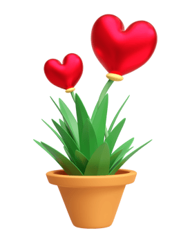 3d heart shape flower in pot isolated. happy valentine's day concept, 3d illustration render png