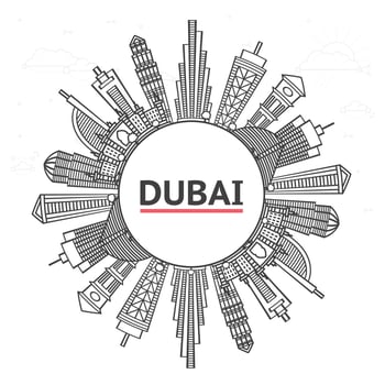 Outline Dubai UAE Skyline with Buildings and copy space. Dubai Cityscape with Landmarks. vector