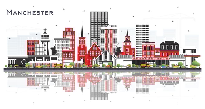 Manchester New Hampshire City Skyline with Gray Buildings and reflections Isolated on White. Business Travel and Tourism Concept with Historic and Modern Architecture. Manchester USA Cityscape. vector