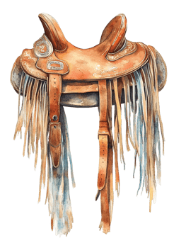 Vintage Western Saddle Watercolor Painting with Leather and Fringe Details png