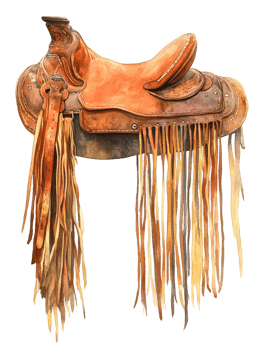 Western Saddle with Brown Leather and Long Fringes Watercolor Painting png