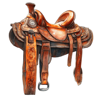 Weathered Leather Saddle with Intricate Details and Rich Brown Tones in Watercolor Style png