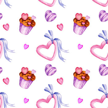 seamless watercolor pattern with heart, candy and cupcakes of Valentine day theme, watercolor hand draw, pink and lilac color. For birthday, wedding decoration, Valentine's Day, mother's day png