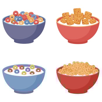 Eye-Catching Breakfast Bowl Cartoon Designs with Milk for Engaging Food Projects vector