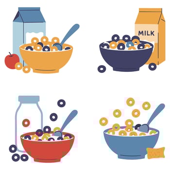 Breakfast Bowl Cartoon Illustrations Highlighting Whimsical Cereal and Milk Themes vector