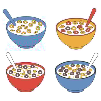 Vibrant Breakfast Bowl Vectors Graphics Featuring Playful Cereals and Milk Artwork