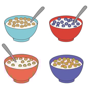 Cartoon Breakfast Bowls of Cereal Featuring Bright Colors and Joyful Artwork vector