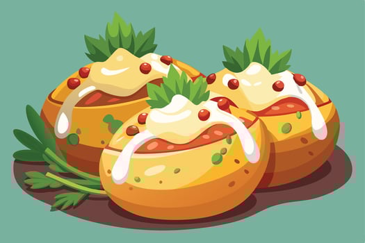 Colorful illustration of stuffed potatoes with creamy sauce. vector