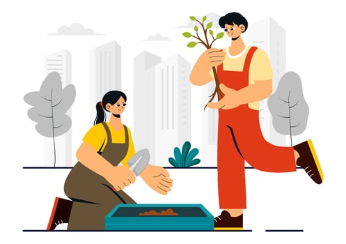 City Gardening Illustration with People Growing Plants in Wooden Raised Beds on a Cityscape Background vector