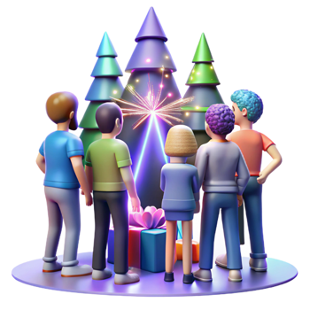 festive group of friends around a tree png