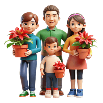 Family Holding Poinsettias and Holiday Gifts png