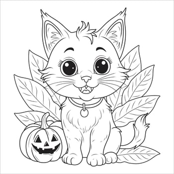 Adorable Halloween Cat with Pumpkin and Leaves Outline for Coloring vector