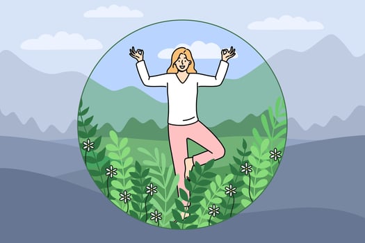 Introverted woman meditates and feels comfortable being safe inside bubble with green plants vector