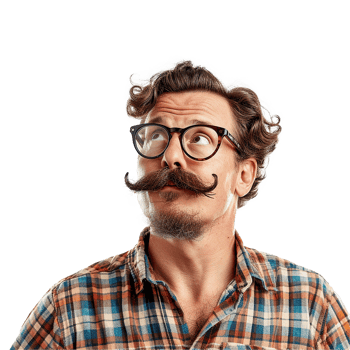Man with handlebar mustache looking upward plaid shirt glasses thoughtful expression png