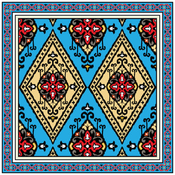 Square scarf, decorative textile pattern with symmetrical floral motifs in red, black, and beige on a blue background. vector