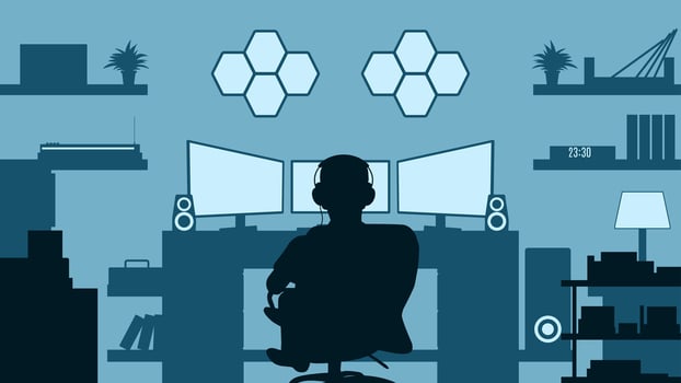 Illustration of a gamer playing games in the gaming room. Illustration of hobby with room and interior for gaming setup. Room with computer, monitor, audio and game equipment vector