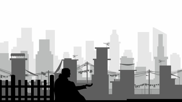 Illustration of poverty issue with a beggar in the street of slum. Illustration of social issue with slum building and homeless. Skyline cityscape contrast with slum building of poor people vector