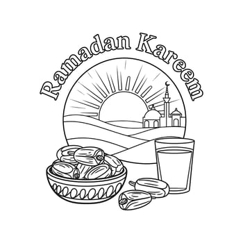 Ramadan coloring page Hand drawn Islamic mosque with food outline kids coloring page vector