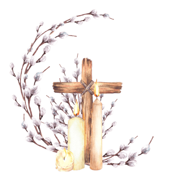 Burning candle with wooden Cross against of willow branches. Religious Easter circle composition. Watercolor hand drawn illustration on isolated background for First communion, baptism card png