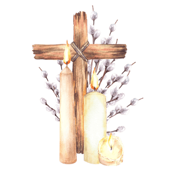 Burning candle with Cross tied with a rope against of willow branches. Religious Easter composition. Watercolor hand drawn illustration on isolated background for First communion, baptism card png
