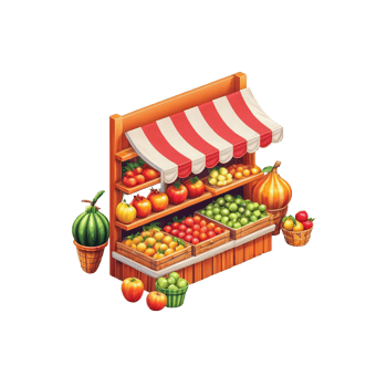 A fruit stand with apples, oranges and other fruits png