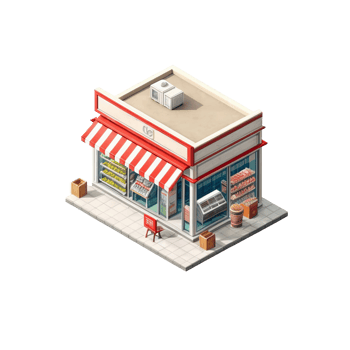 A small store with a red awning and a table png