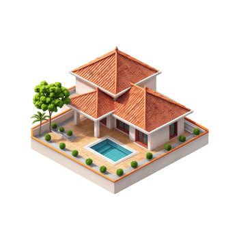 A small house with a pool and a tree png