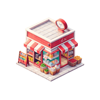 A small store with a clock and fruit on the counter png