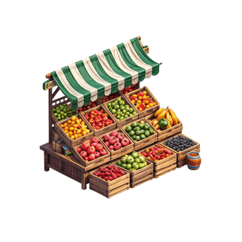 A fruit stand with a green awning png