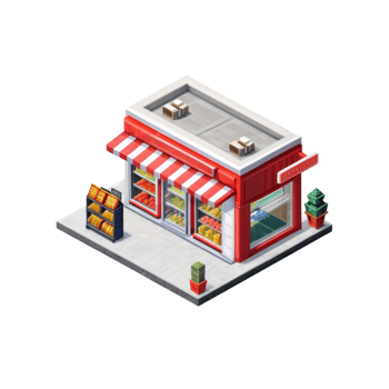 A small store with a red awning and a sign png