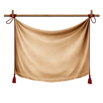 Beige fabric banner hanging from wooden rod with red tassels png