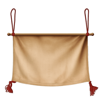 Beige fabric banner hanging on wooden dowel with red ropes and tassels png