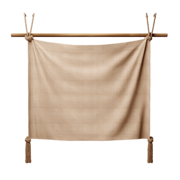 Beige fabric banner hanging on wooden rod with rope and tassels Blank template png