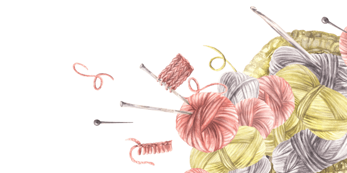 Hobby Balls of yarn with handmade basket and knitting needles banner. Pastel Coloured Skein of knitting thread label, card frame template. Watercolor hand drawn illustration isolated from background png