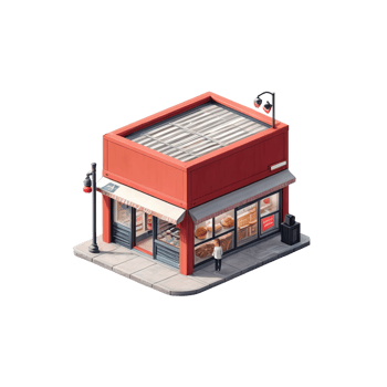 A small red building with a man standing outside png