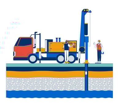Water well drilling with groundwater layers cartoon flat illustration. Borewell construction. Drillers workers with drilling rig 2D characters isolated on white background. colorful image vector