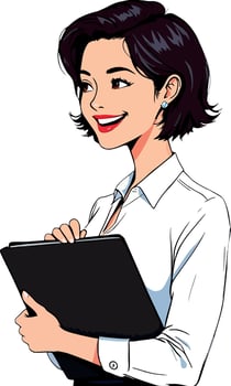 Pop art illustration of a smiling businesswoman holding a clipboard, looking up and thinking vector